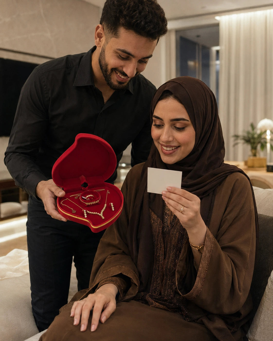 علبة مجوهرات مخملية حمراء على شكل قلب معروضة بأناقة